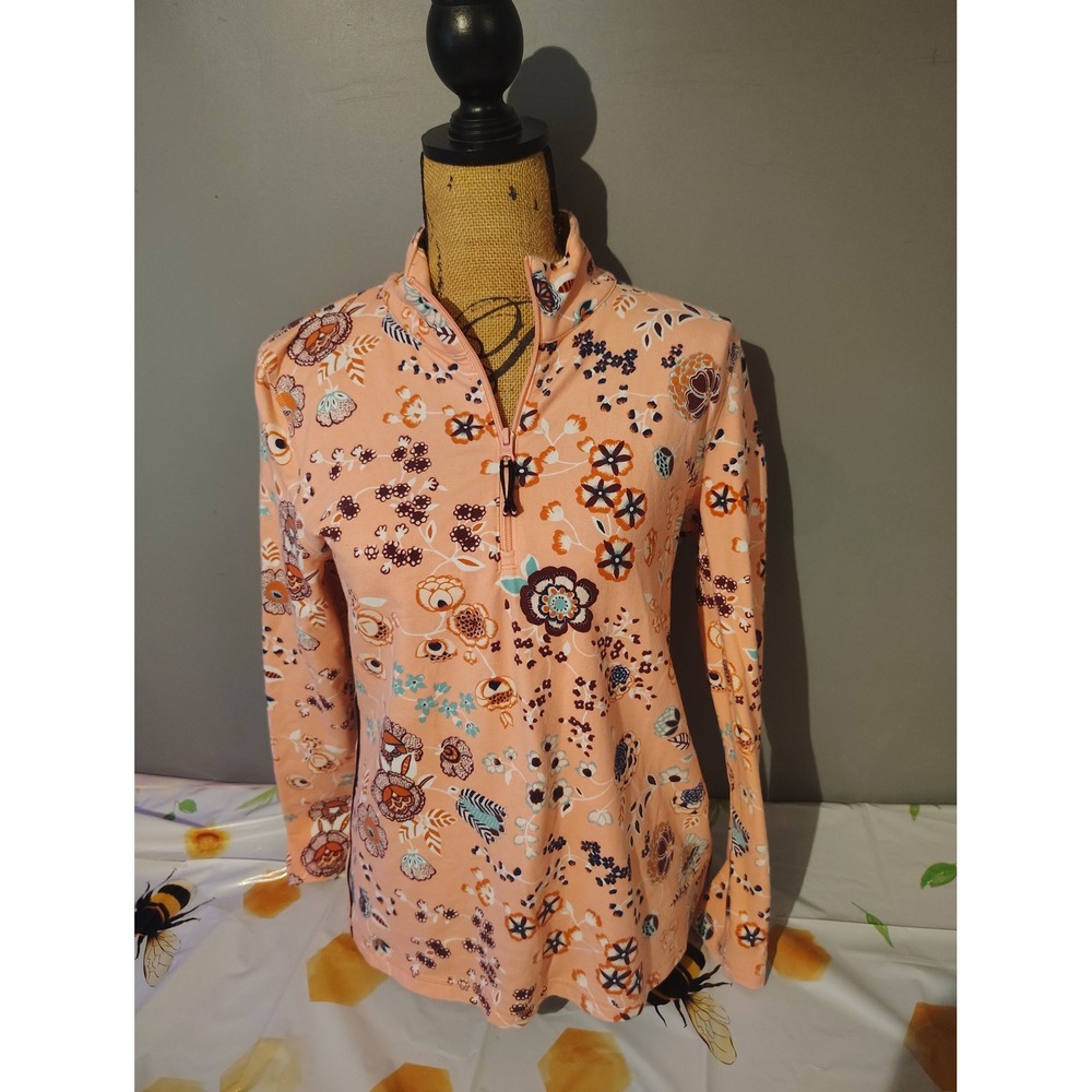 T by Talbots Peach Floral Quarter Zip Pullover Mock Neck Active Top Petite Med